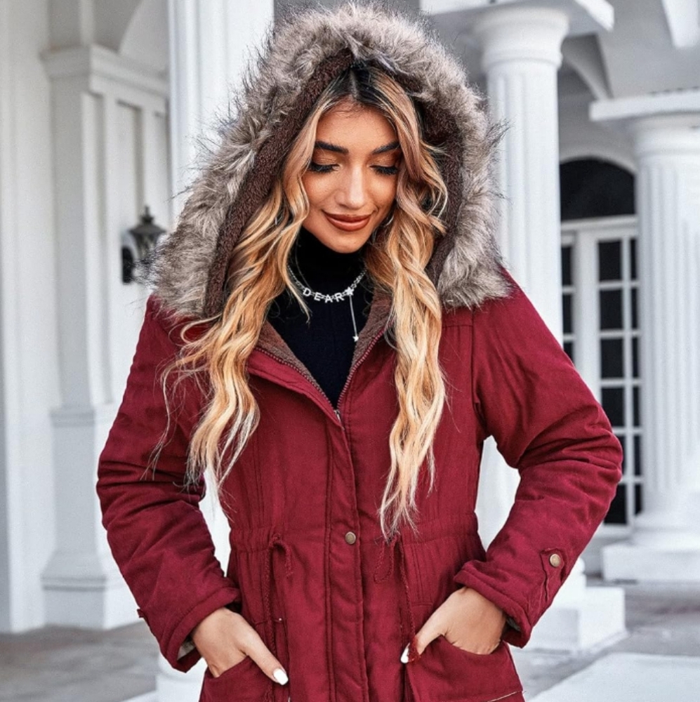 Women's Red Ski Jacket with Faux Fur Hood